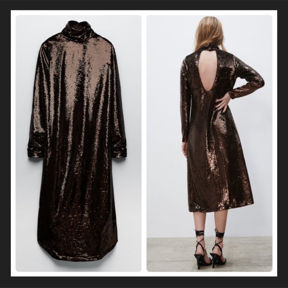 Zara Brown Sequin Knit Dress